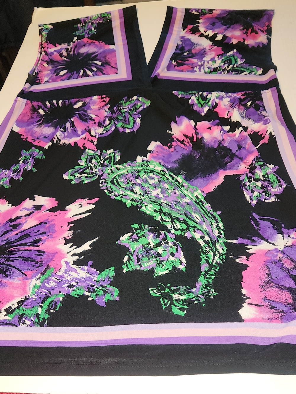 Black Floral Print V-Neck Dress with Purple & Green Accents
